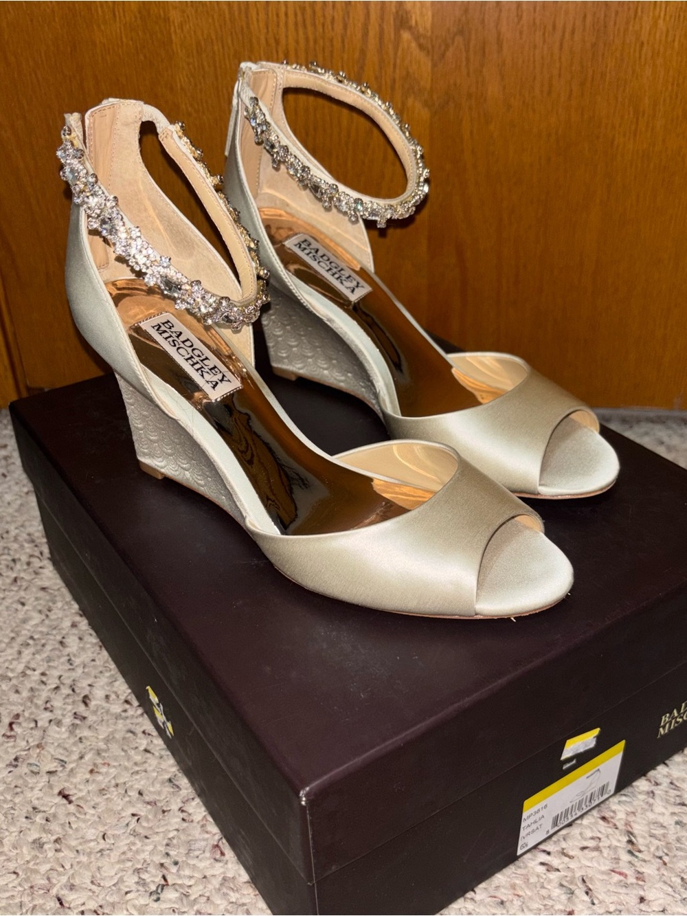 Badgley Mischka Champagne Satin Crystal Ankle-Strap Wedge Sandals